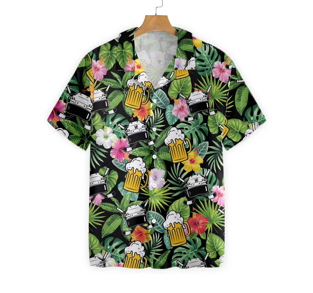 Colorful Hockey And Beer Hawaiian Shirt, Button Up Aloha Shirt For Men, Women