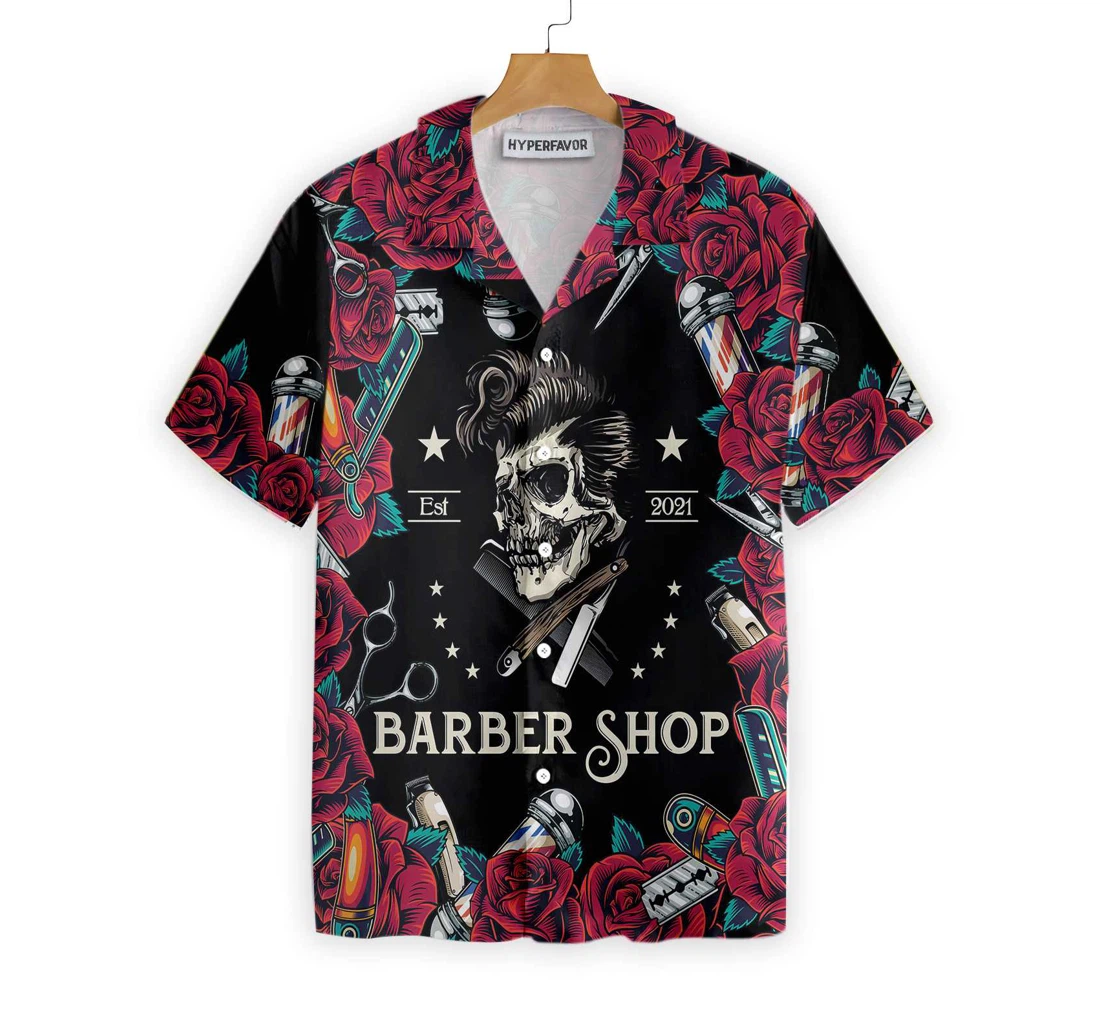 Rose & The Barber Skull Hawaiian Shirt, Button Up Aloha Shirt For Men, Women