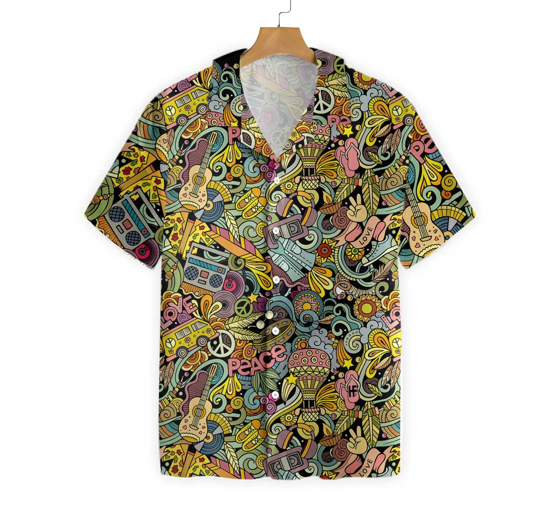 Hippie Style Doodles Illustration Hawaiian Shirt, Button Up Aloha Shirt For Men, Women