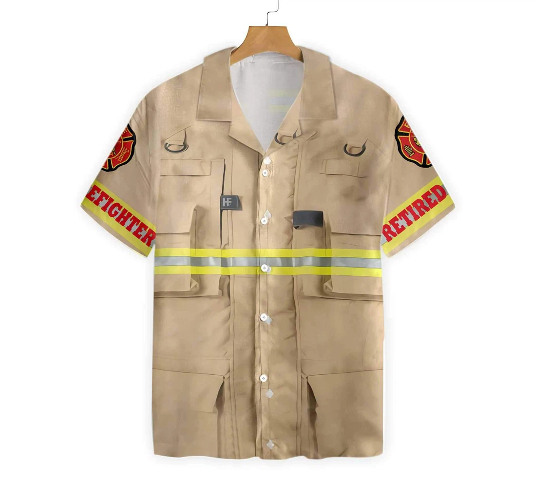 Proud Retired Firefighter Cream Life Vest Work Uniform Fire Dept Logo Firefighter Hawaiian Shirt, Button Up Aloha Shirt For Men, Women