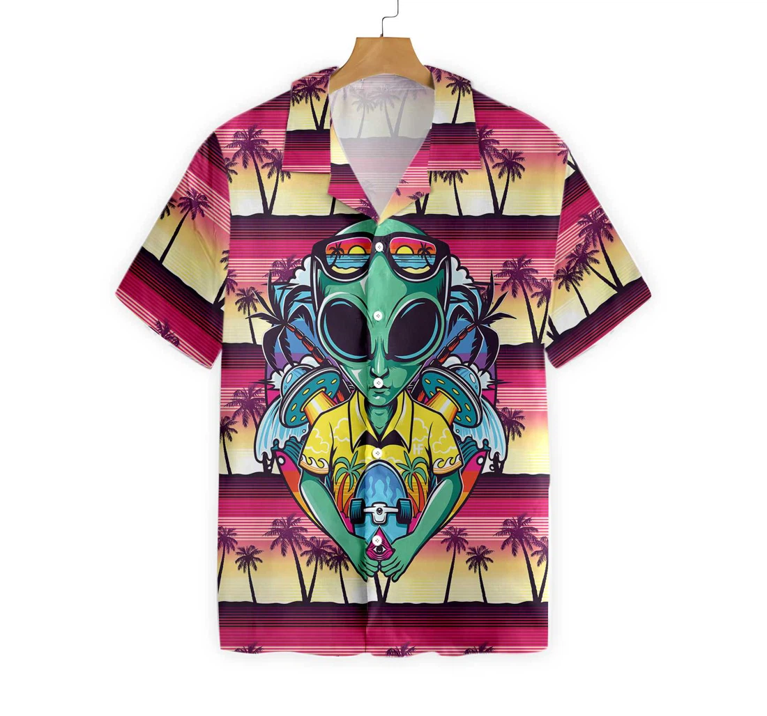 Alien With Skate Hawaiian Shirt, Button Up Aloha Shirt For Men, Women