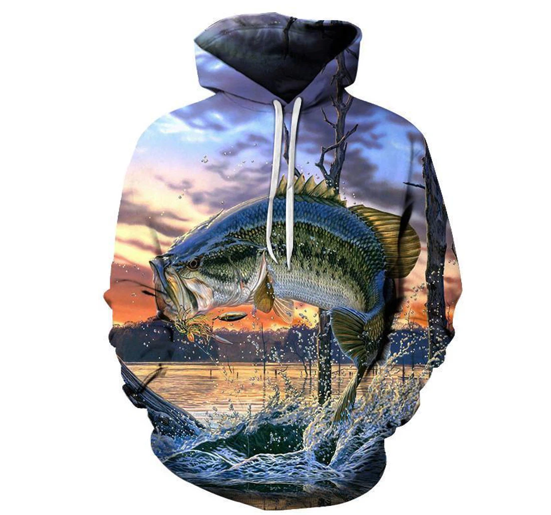 Personalized Bass Jumping Out Of Water - 3D Printed Pullover Hoodie