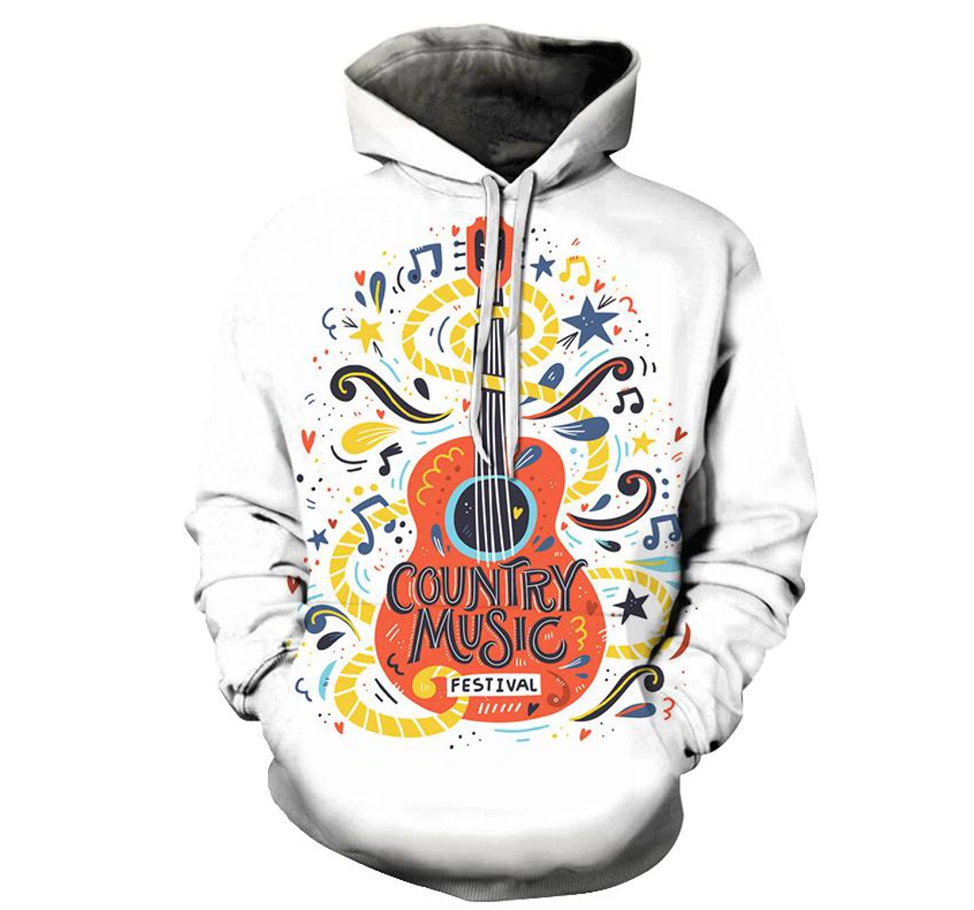 Orange Guitar Country Music White - 3D Printed Pullover Hoodie