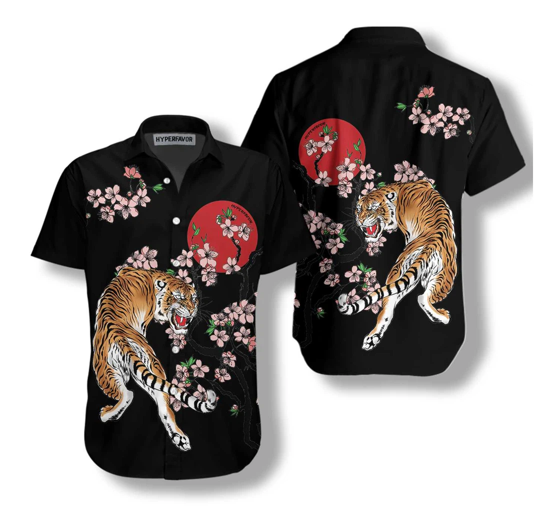 Japanese Tiger Sakura Hawaiian Shirt, Button Up Aloha Shirt For Men, Women