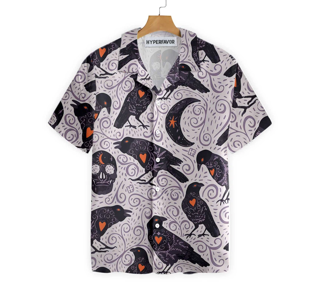 Raven And Skull Halloween Halloween And Hawaiian Shirt, Button Up Aloha Shirt For Men, Women
