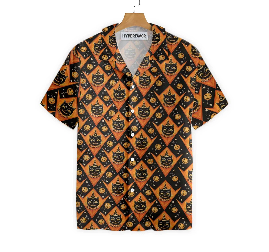 Grinning Black Cats Halloween , Black And Pumpkin Orange Harlequin Pattern Hawaiian Shirt, Button Up Aloha Shirt For Men, Women