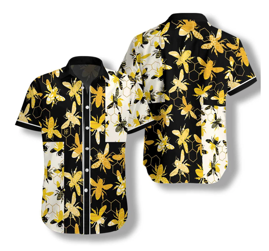 Trendy Geometric Bee Hawaiian Shirt, Button Up Aloha Shirt For Men, Women