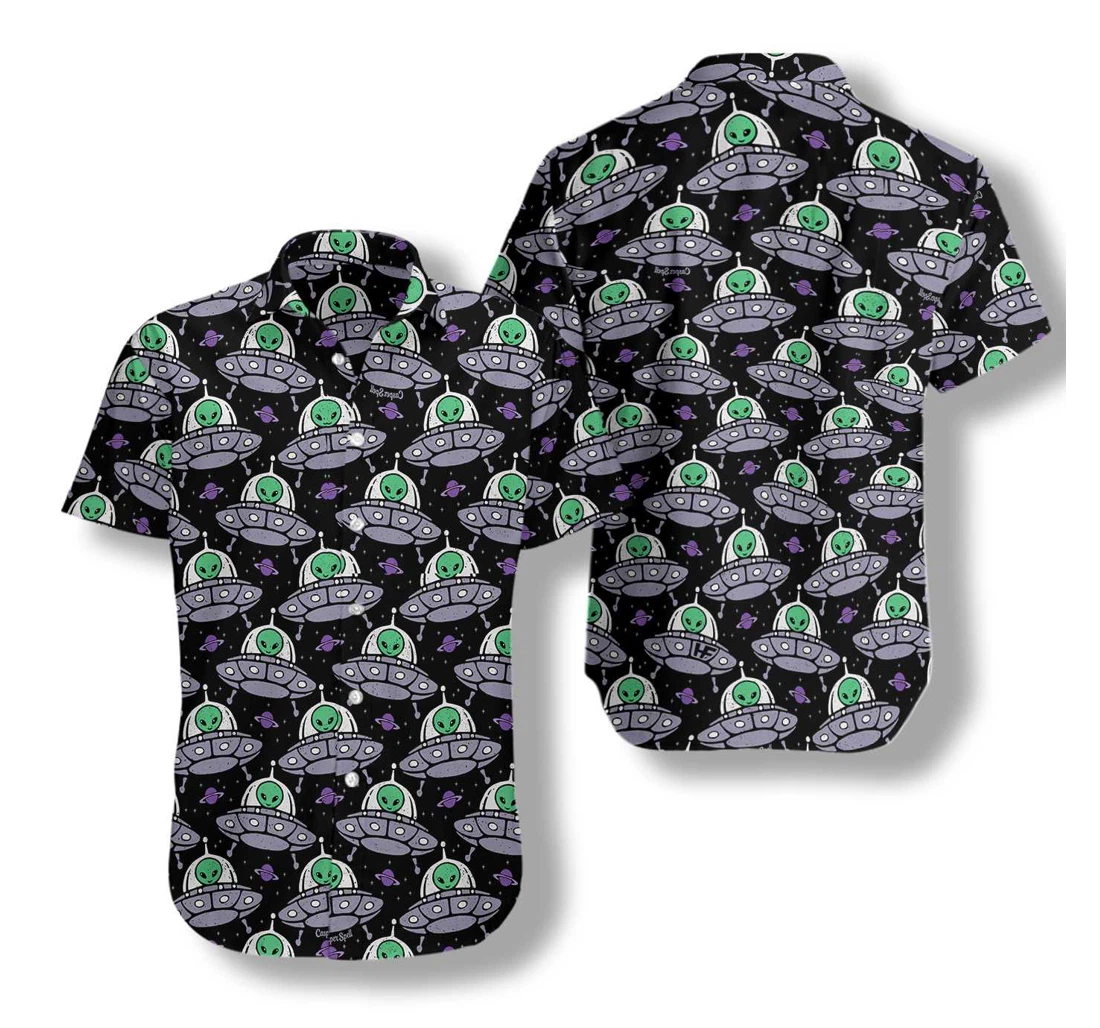 Retro Alien On Space Ship Hawaiian Shirt, Button Up Aloha Shirt For Men, Women