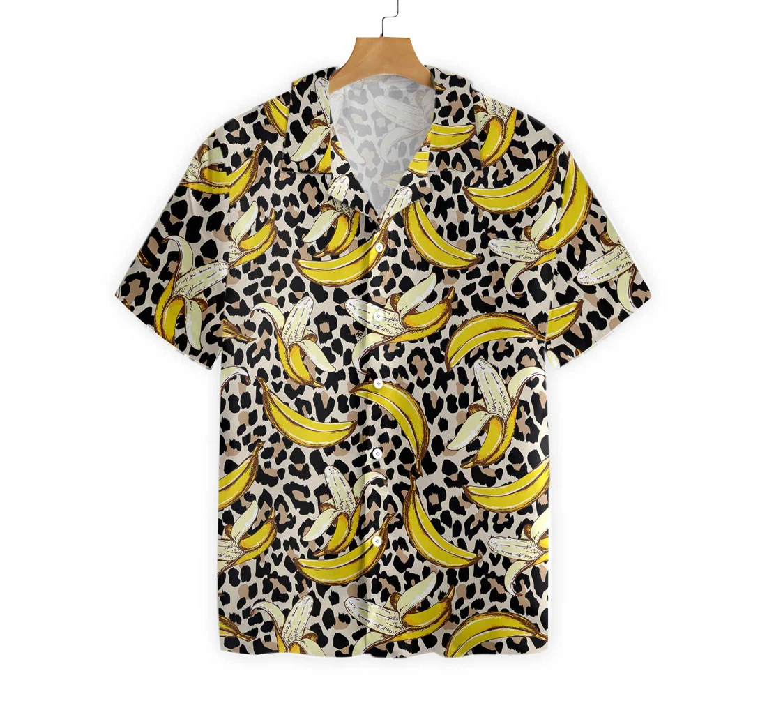 Banana On Leopard Pattern Hawaiian Shirt, Button Up Aloha Shirt For Men, Women