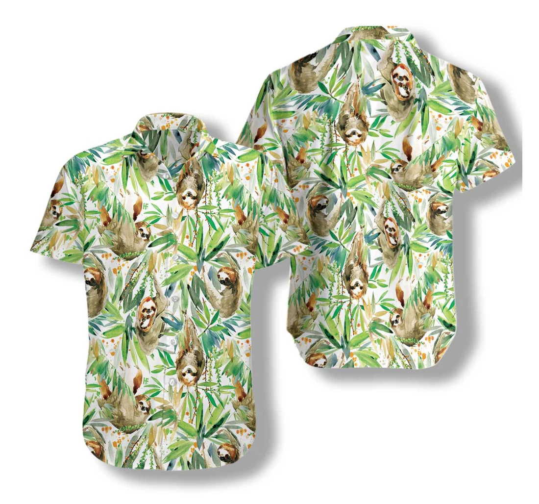 Watercolor Sloth And Plant Hawaiian Shirt, Button Up Aloha Shirt For Men, Women