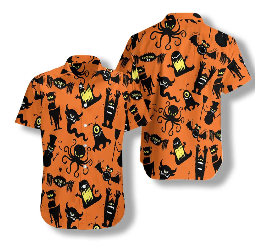 Cute Monster Silhouette Halloween Bigfoot Pumpkin Orange And Black Halloween Bigfoot Hawaiian Shirt, Button Up Aloha Shirt For Men, Women