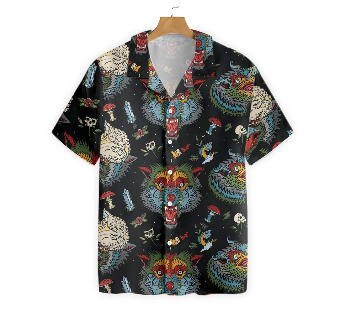 Old School Tattoo Art Wolf Hawaiian Shirt, Button Up Aloha Shirt For Men, Women