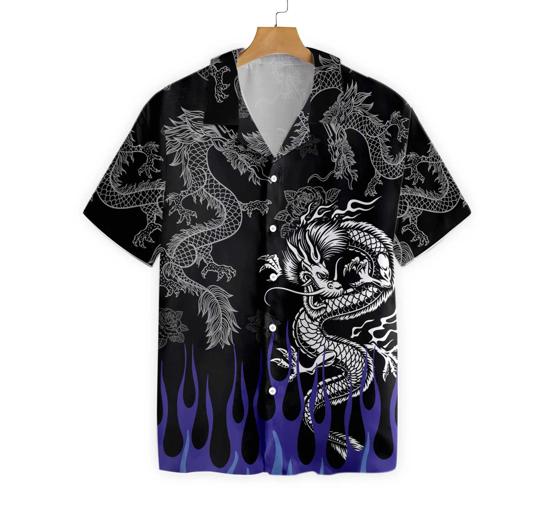 Dragon With Blue Flame Hawaiian Shirt, Button Up Aloha Shirt For Men, Women