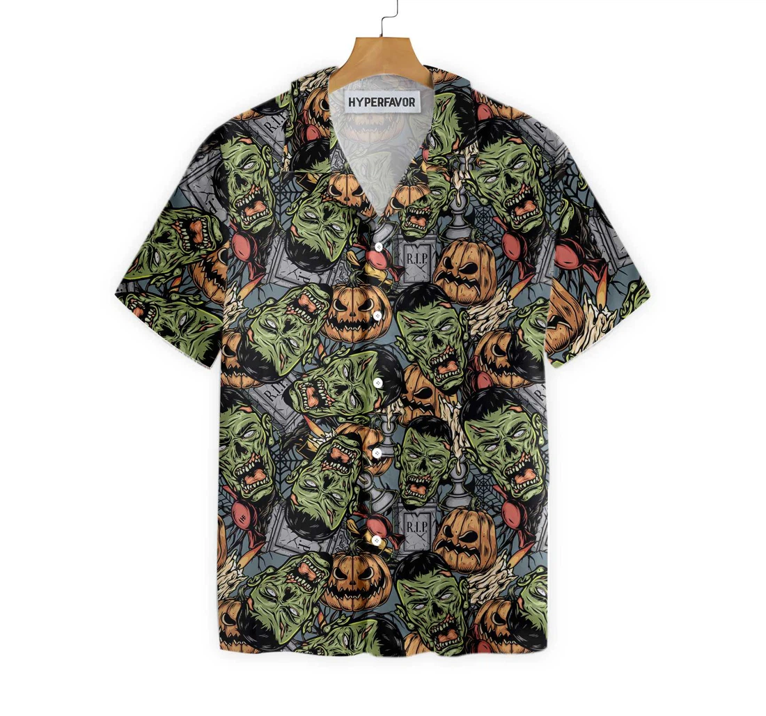 Halloween Monsters , Rip Grave Board Frankenstein And Jack-o'-lantern Pumpkin Hawaiian Shirt, Button Up Aloha Shirt For Men, Women
