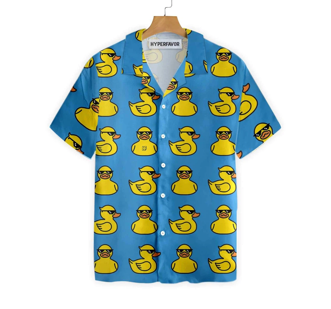 Rubber Yellow Duck Blue Water Toy Duck With Sunglasses Hawaiian Shirt, Button Up Aloha Shirt For Men, Women