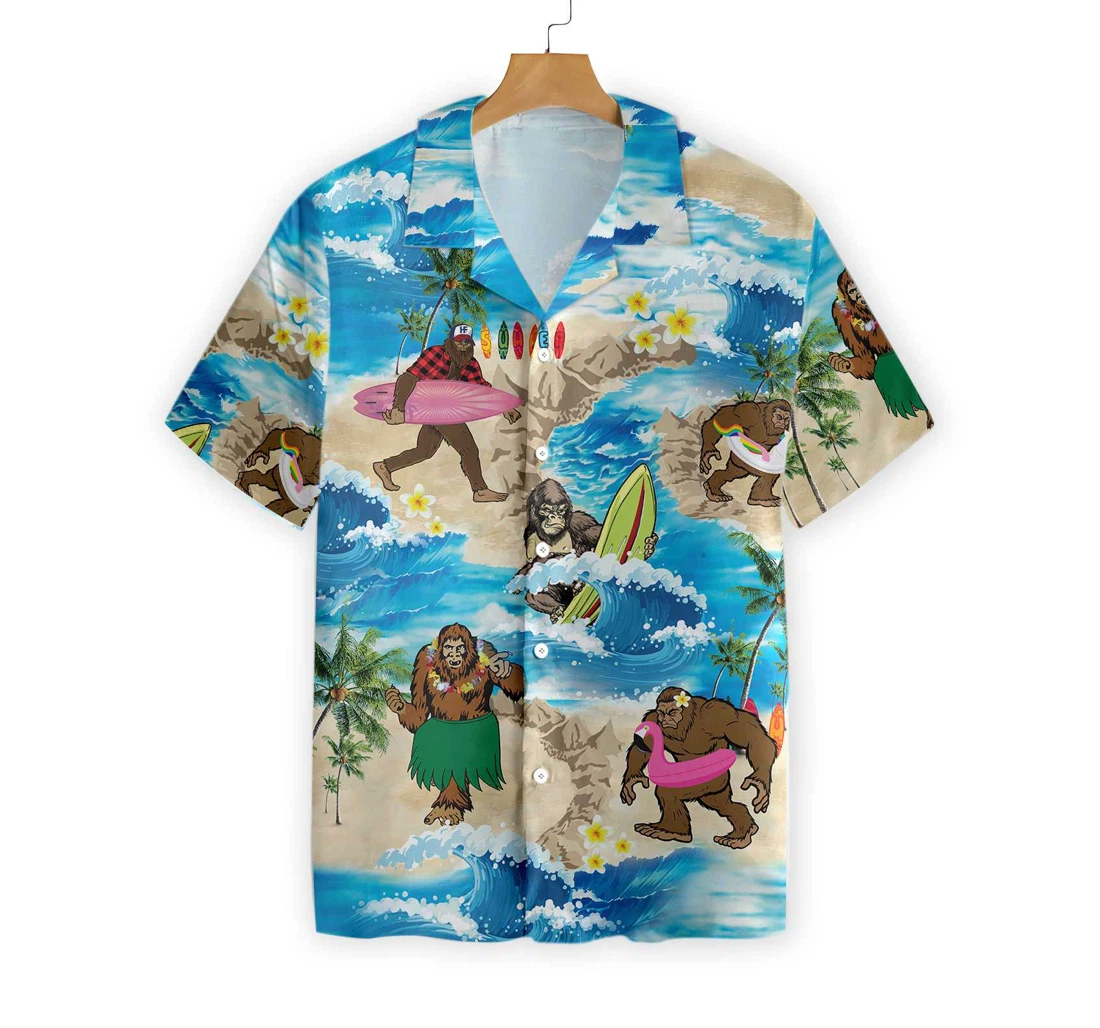 Bigfoots Are On Bigfoot Wave Surfing Bigfoot Hawaiian Shirt, Button Up Aloha Shirt For Men, Women