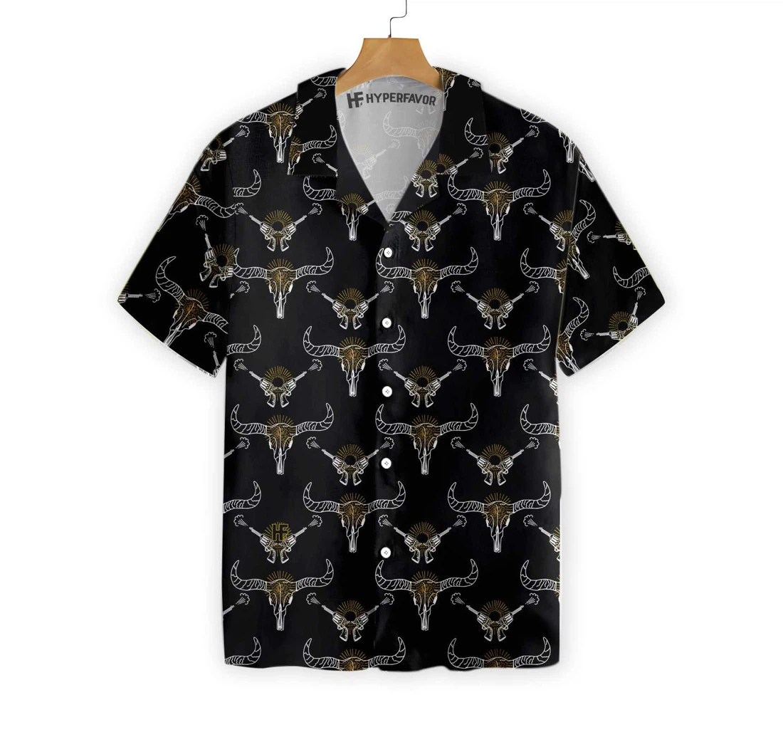 Longhorn Skull And Gun Hawaiian Shirt, Button Up Aloha Shirt For Men, Women