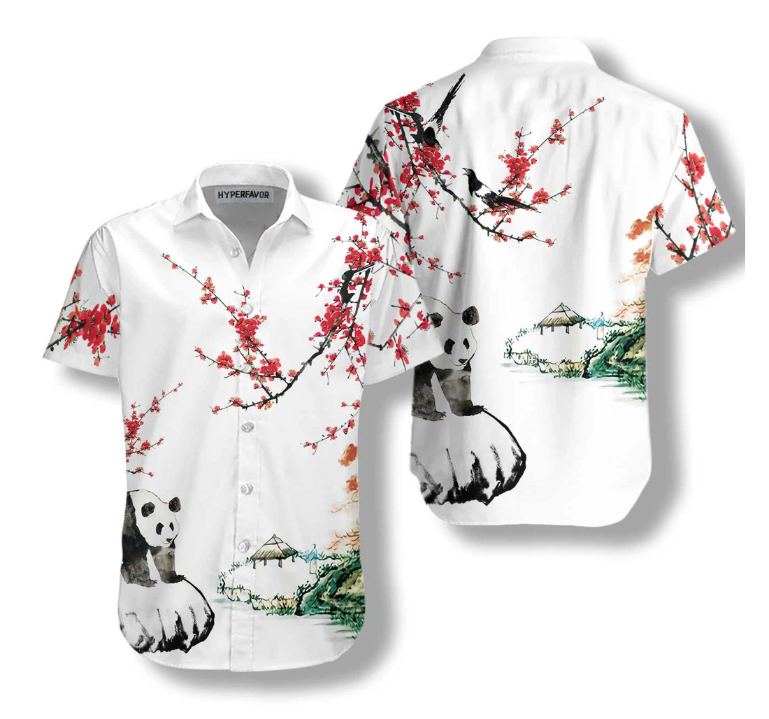 Panda With Plum Blossom Hawaiian Shirt, Button Up Aloha Shirt For Men, Women