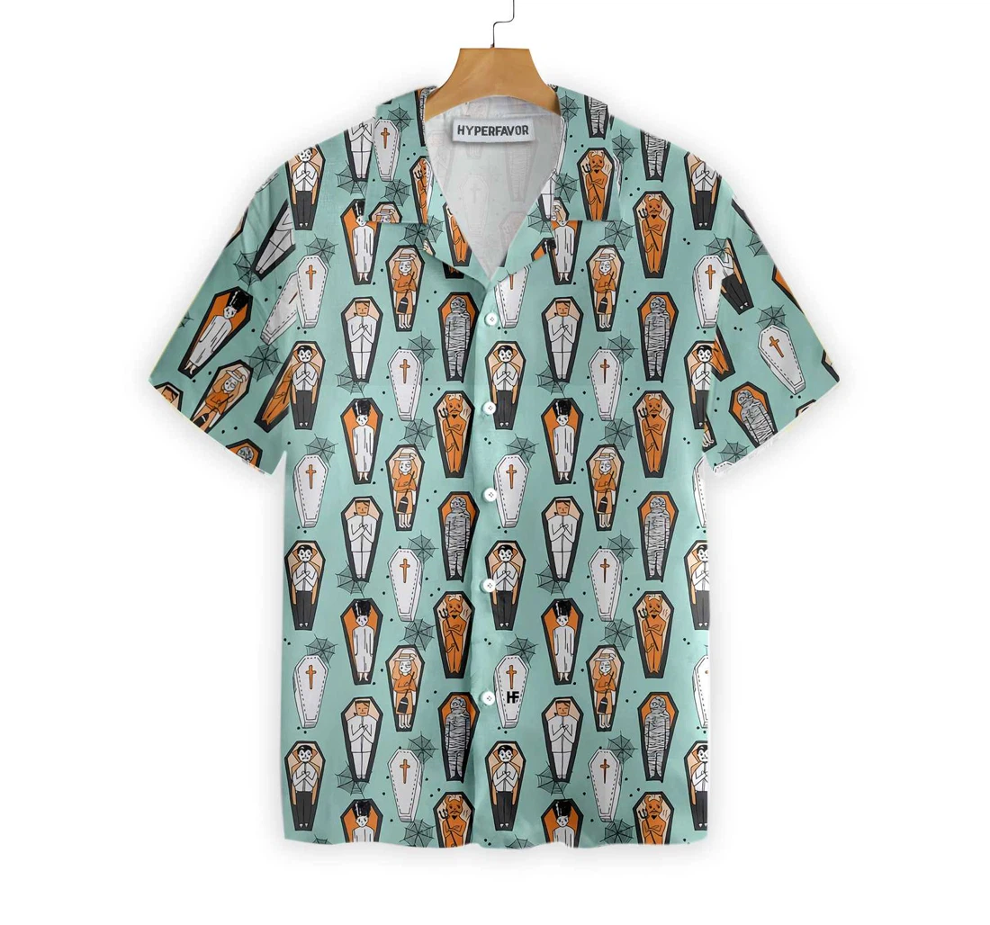 Vampire Coffins Halloween Arctic Blue Coffin Pattern Hawaiian Shirt, Button Up Aloha Shirt For Men, Women