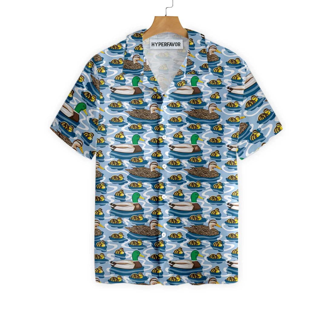 Rouen Duck Family Swimming Arctic Blue Pond Texture Hawaiian Shirt, Button Up Aloha Shirt For Men, Women