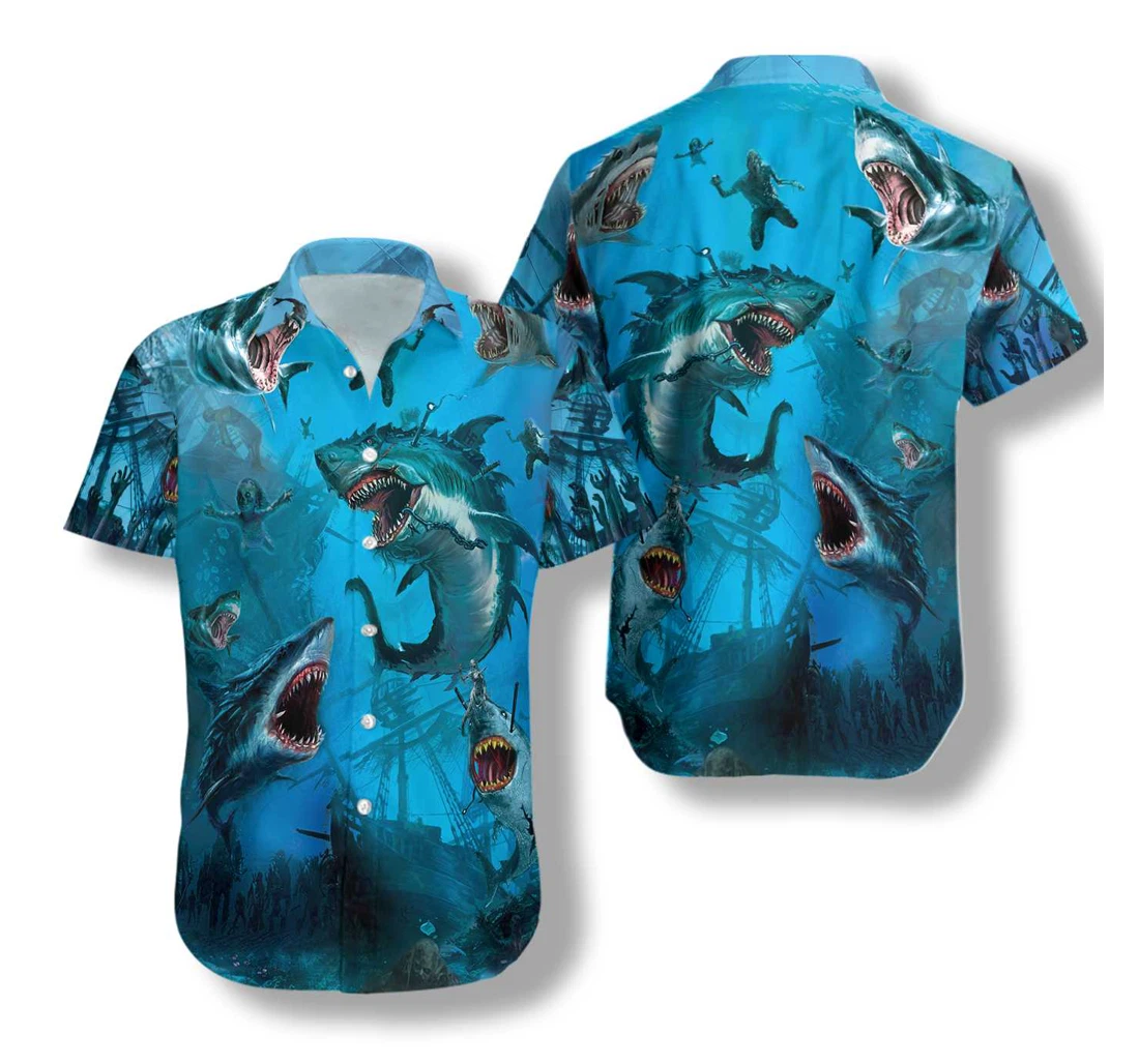 Shark Under The Sea Hawaiian Shirt, Button Up Aloha Shirt For Men, Women