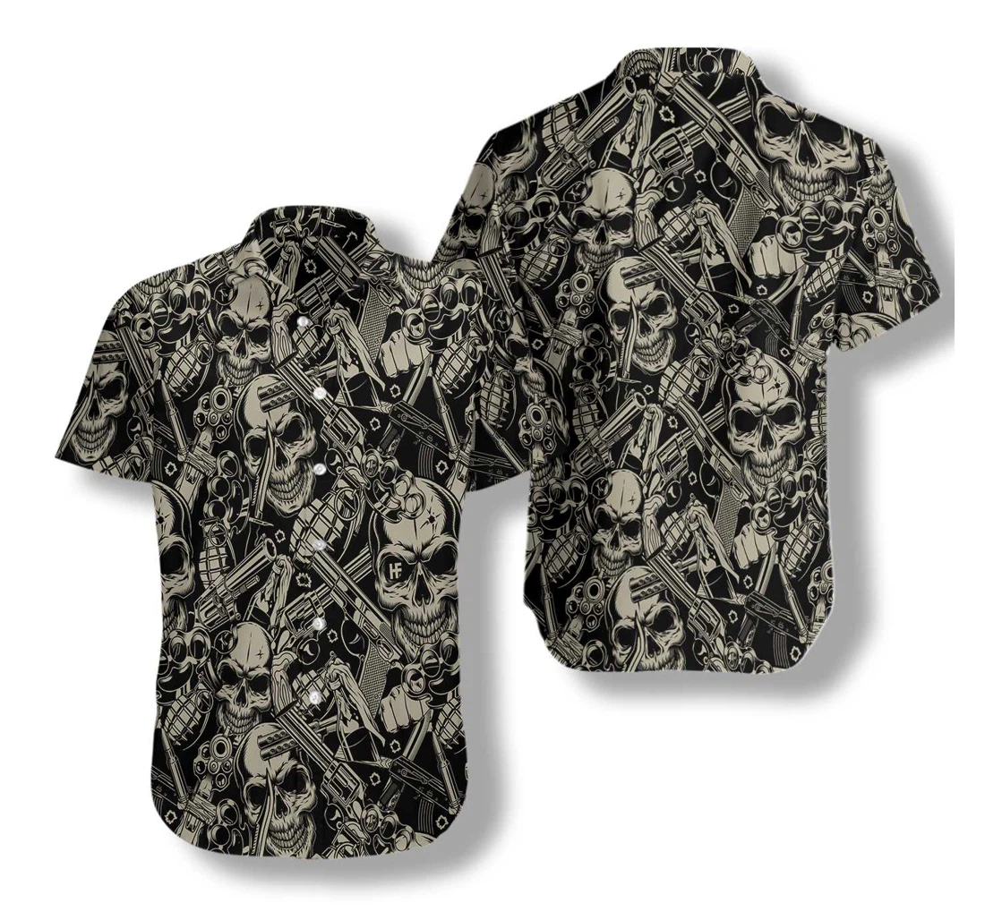 Guns And Skulls Pattern Hawaiian Shirt, Button Up Aloha Shirt For Men, Women