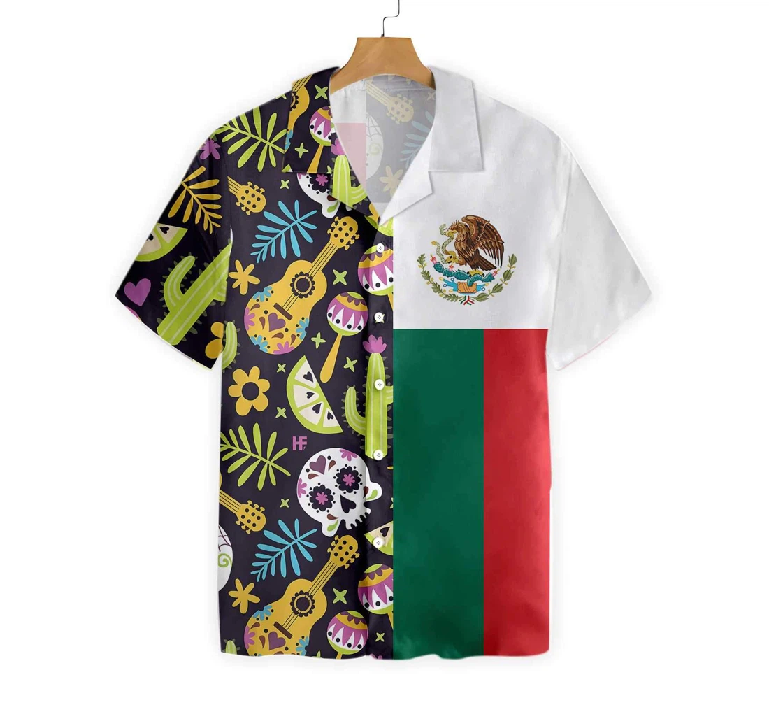Mexican Skull Guitar Flag Hawaiian Shirt, Button Up Aloha Shirt For Men, Women