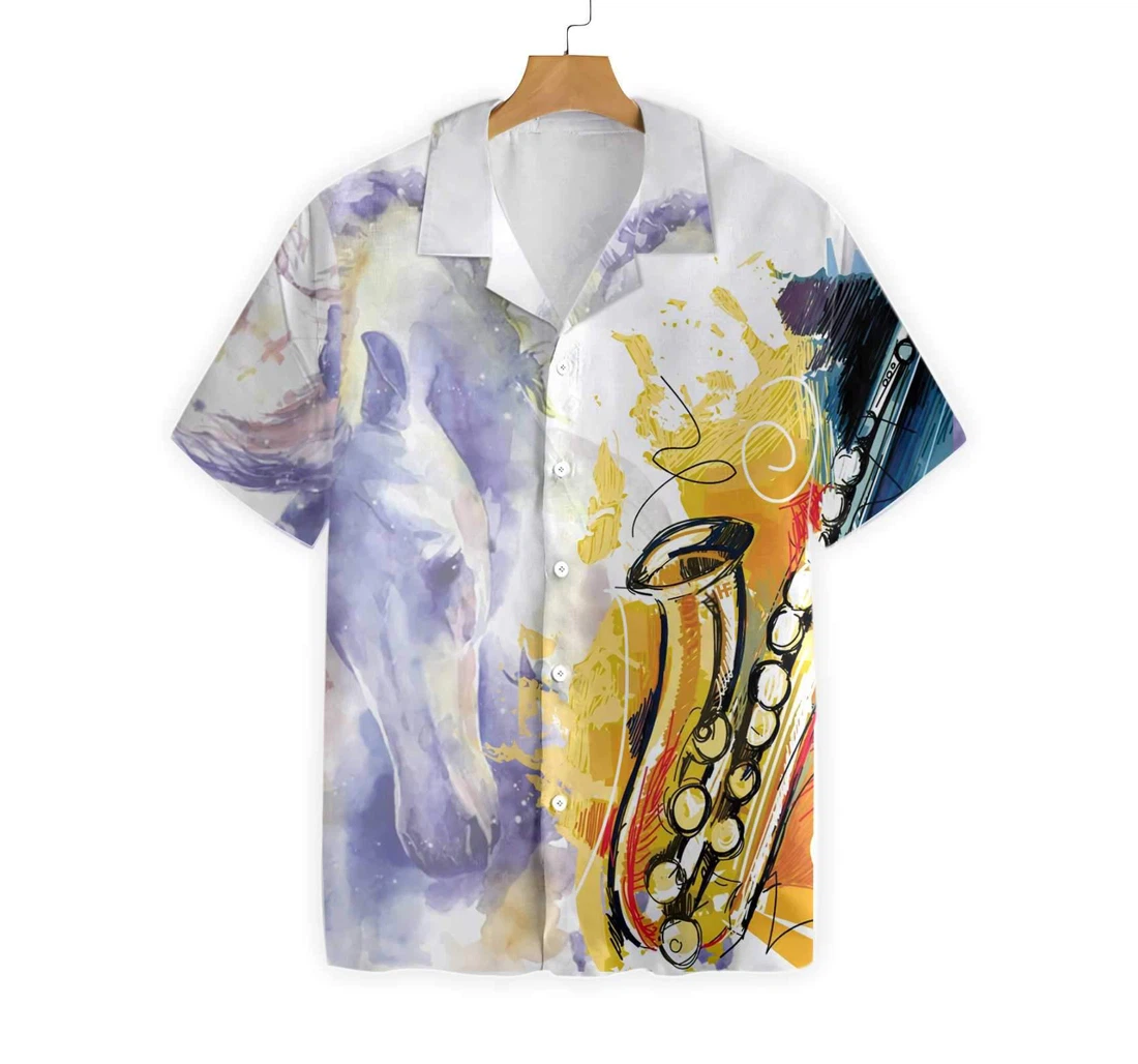 Saxophone And Horse Hawaiian Shirt, Button Up Aloha Shirt For Men, Women
