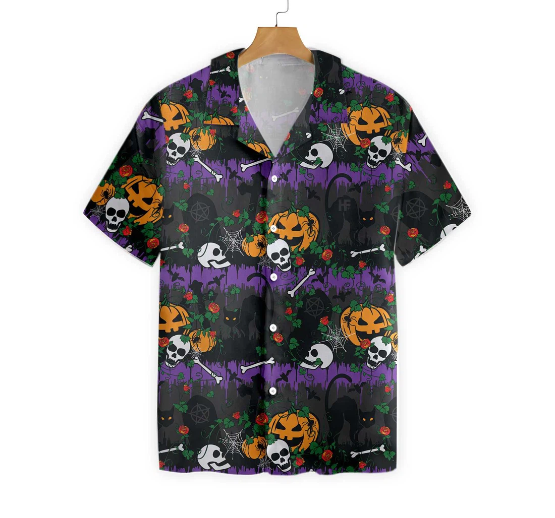 Halloween Pumpkin And Black Cats Hawaiian Shirt, Button Up Aloha Shirt For Men, Women