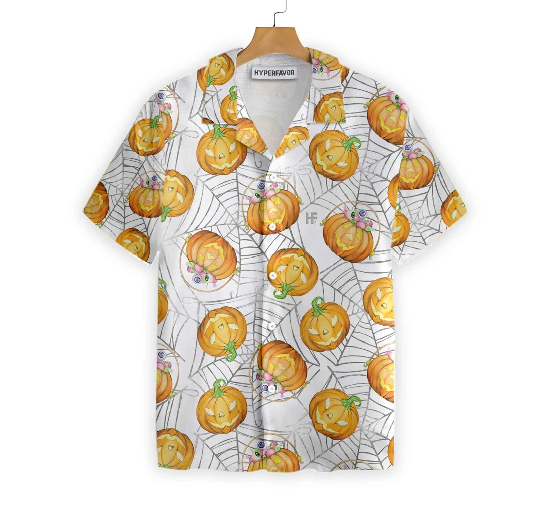 Pumpkin Candy Halloween Spider Web Hawaiian Shirt, Button Up Aloha Shirt For Men, Women