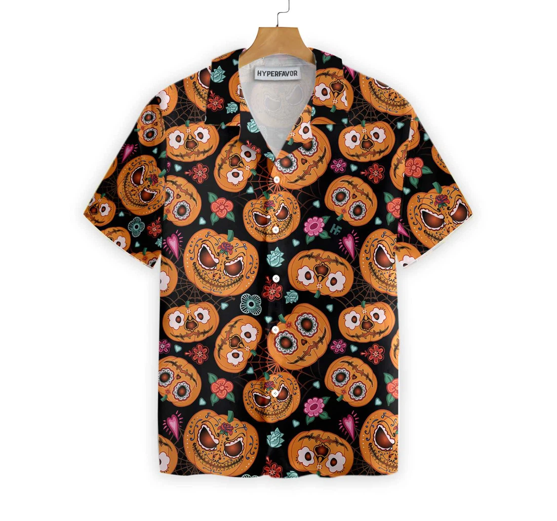Pumpkin Flower Halloween Theme Hawaiian Shirt, Button Up Aloha Shirt For Men, Women