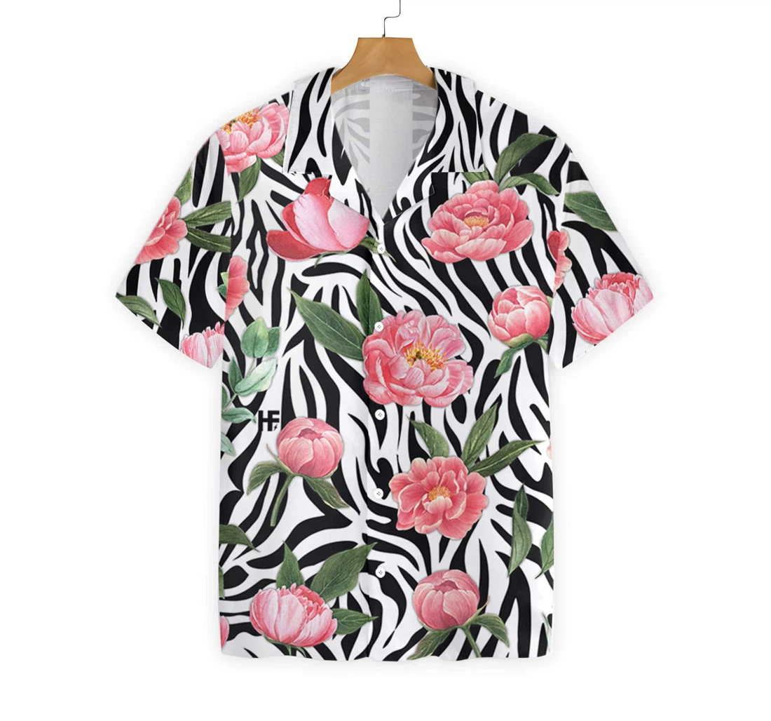 Peony Zebra Watercolor Painting Art Hawaiian Shirt, Button Up Aloha Shirt For Men, Women