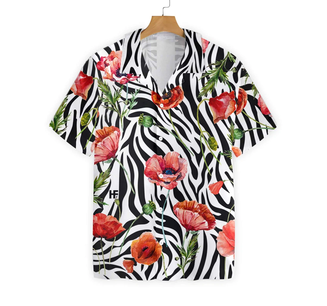 Poppy Zebra Watercolor Painting Art Hawaiian Shirt, Button Up Aloha Shirt For Men, Women