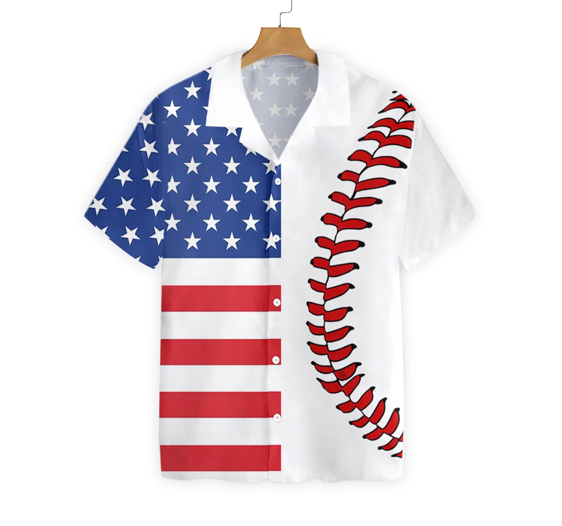 Baseball American Flag Hawaiian Shirt, Button Up Aloha Shirt For Men, Women