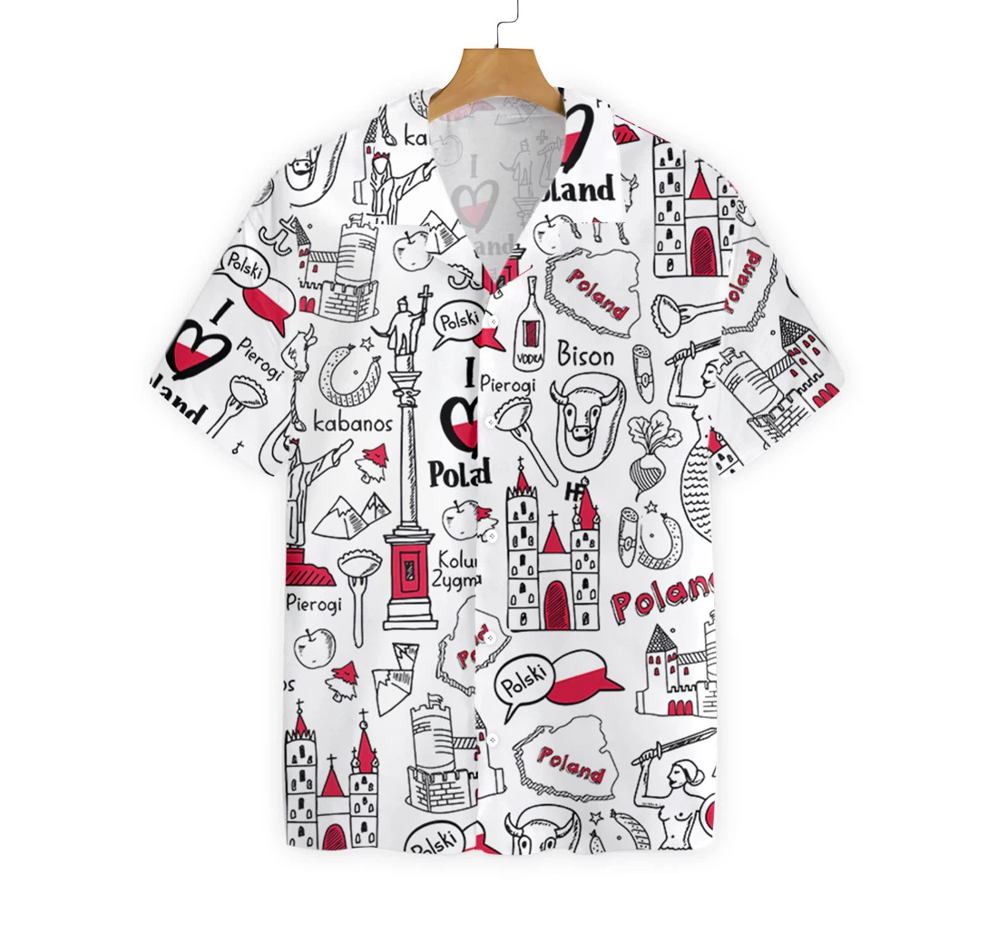 I Love Poland Doodle Hawaiian Shirt, Button Up Aloha Shirt For Men, Women