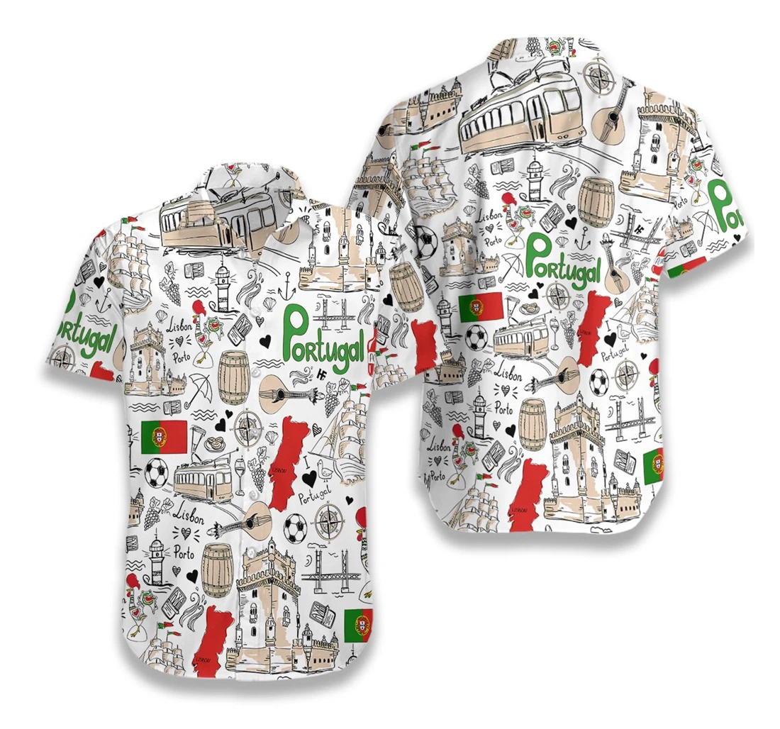 I Love Portugal Doodle Hawaiian Shirt, Button Up Aloha Shirt For Men, Women