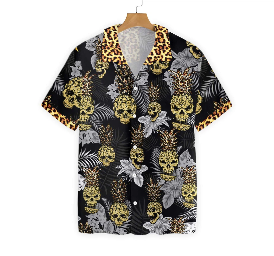 Pine Apple Skull Leopard Hawaiian Shirt, Button Up Aloha Shirt For Men, Women