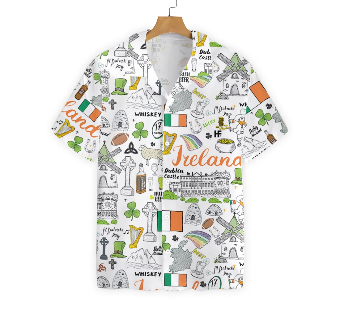 I Love Ireland Doodle Hawaiian Shirt, Button Up Aloha Shirt For Men, Women