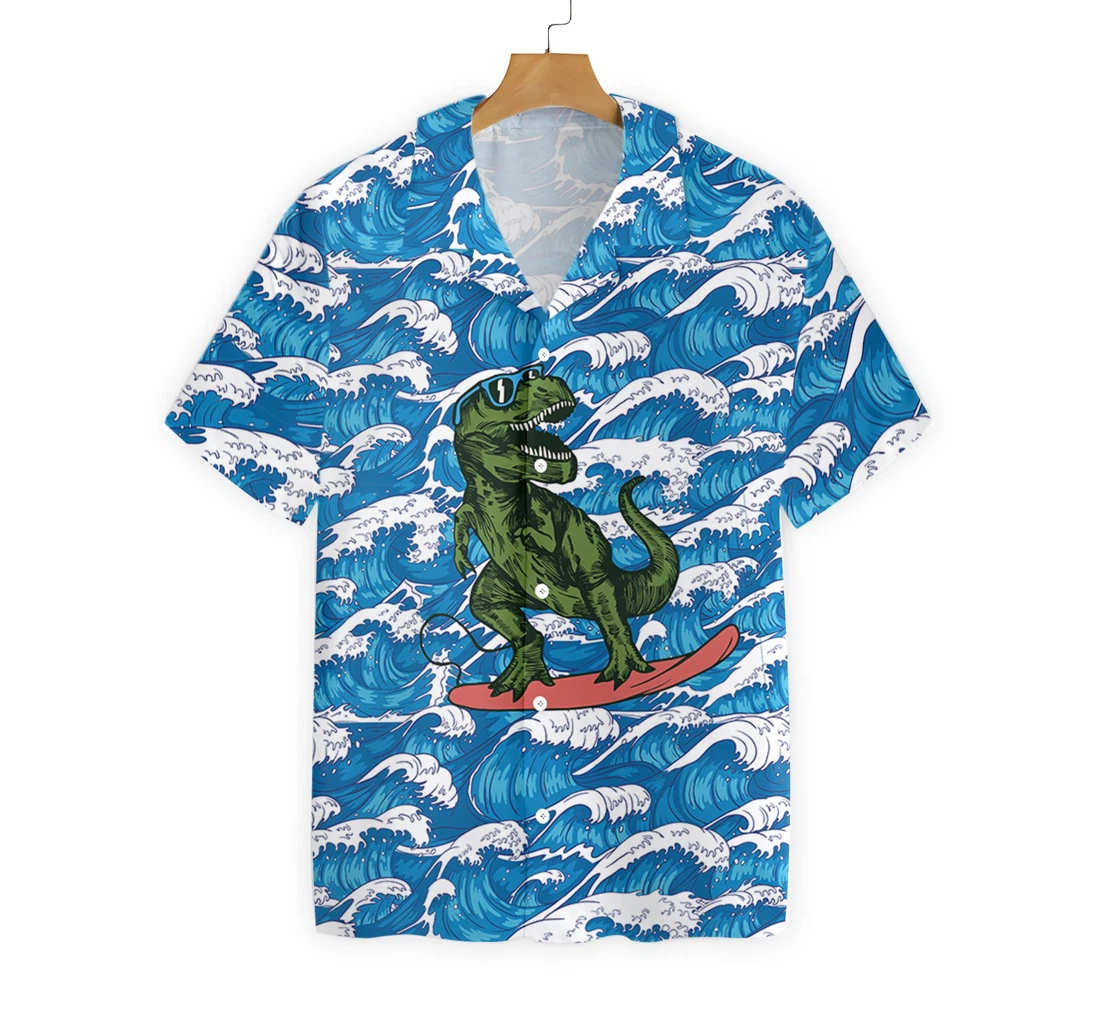 Surfing T-rex Dinosaur Hawaiian Shirt, Button Up Aloha Shirt For Men, Women