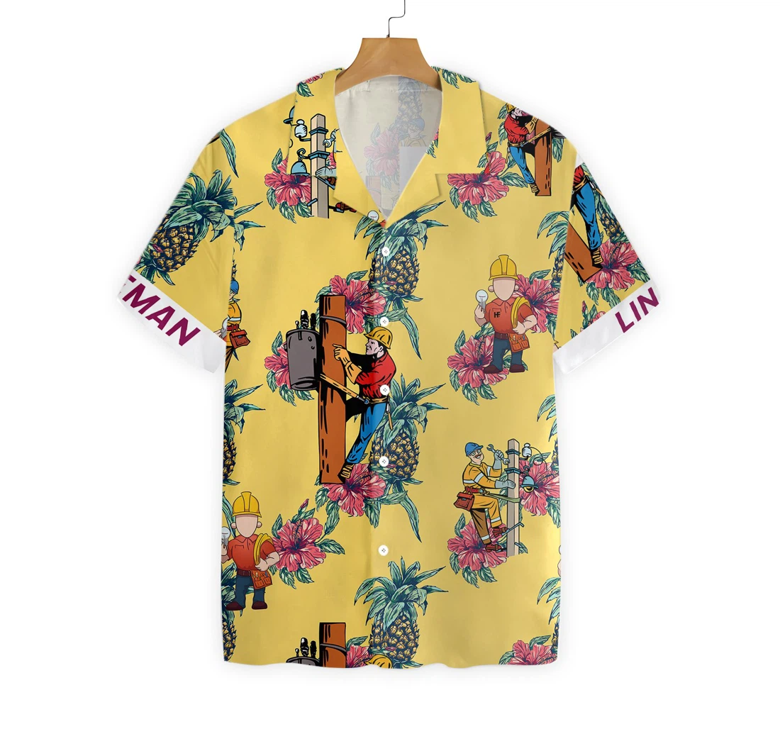 Lineman Pineapple Seamless Pattern Hawaiian Shirt, Button Up Aloha Shirt For Men, Women