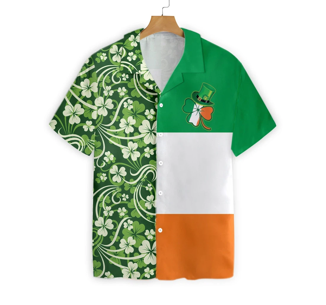 Shamrock With Flag Saint Patrick's Day Irish Ireland Hawaiian Shirt, Button Up Aloha Shirt For Men, Women