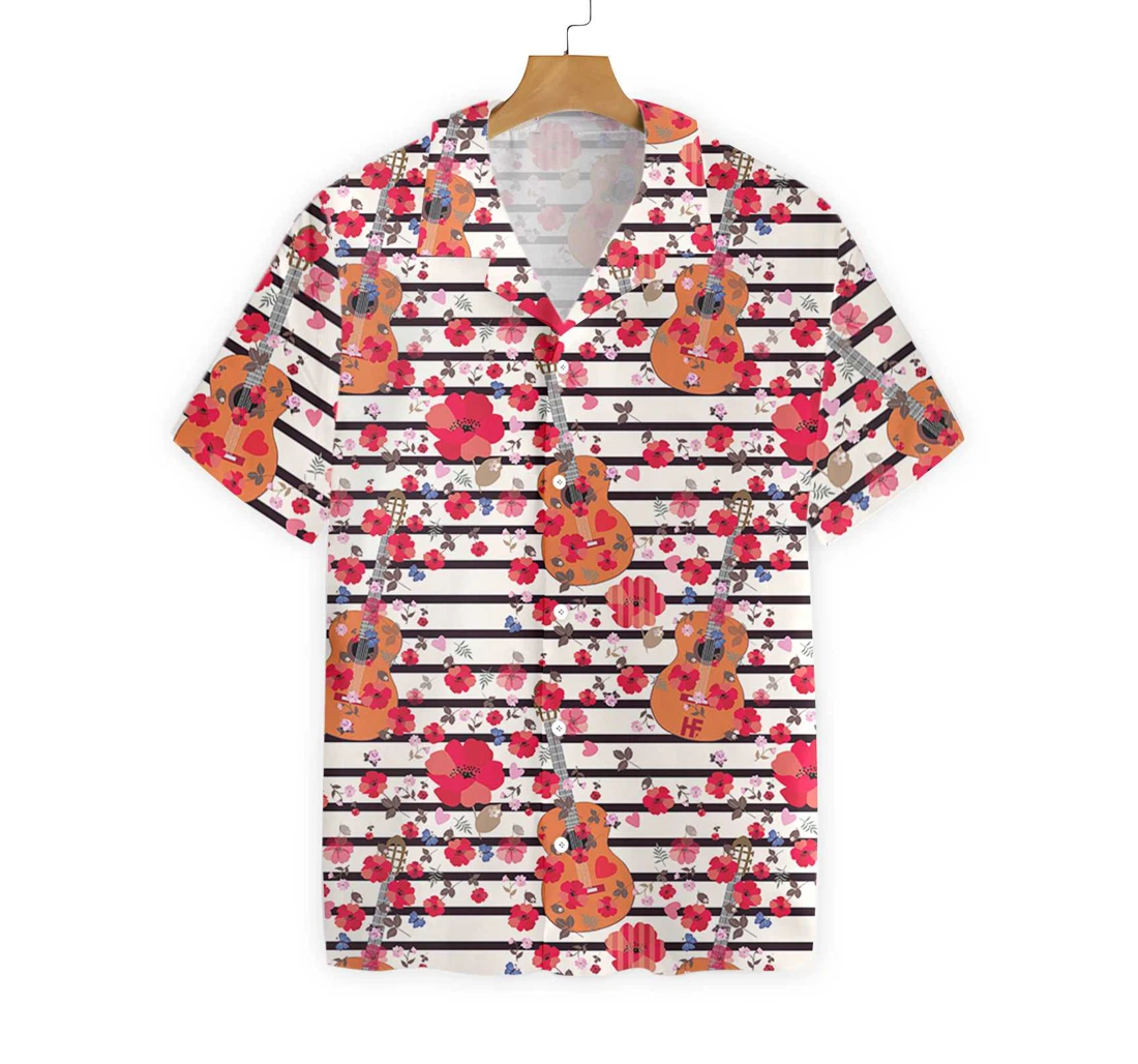 Guitars And Flowers Seamless Pattern Hawaiian Shirt, Button Up Aloha Shirt For Men, Women