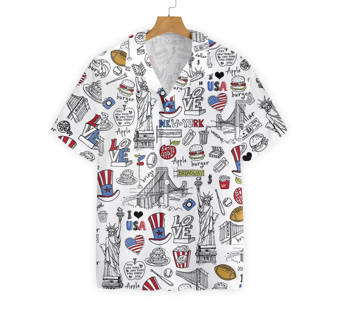 I Love Usa Doodle Hawaiian Shirt, Button Up Aloha Shirt For Men, Women