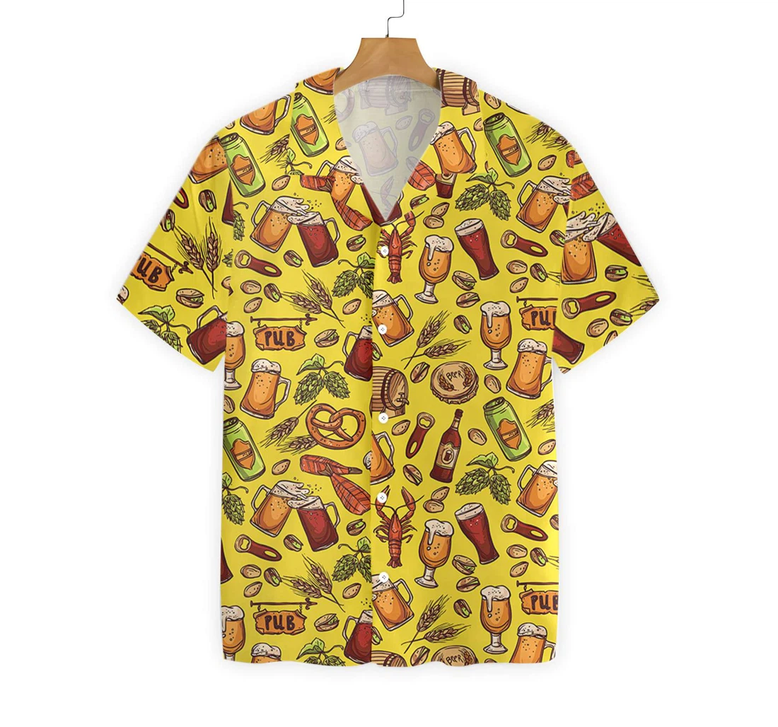Beer Yellow Hawaiian Shirt, Button Up Aloha Shirt For Men, Women
