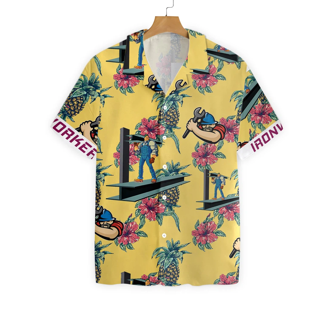 Ironworker Pineapple Seamless Pattern Hawaiian Shirt, Button Up Aloha Shirt For Men, Women