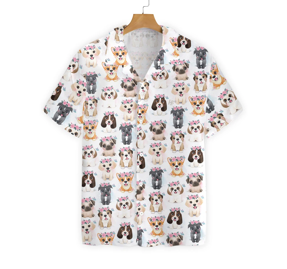 Cute Puppies Flowers Crown Hawaiian Shirt, Button Up Aloha Shirt For Men, Women