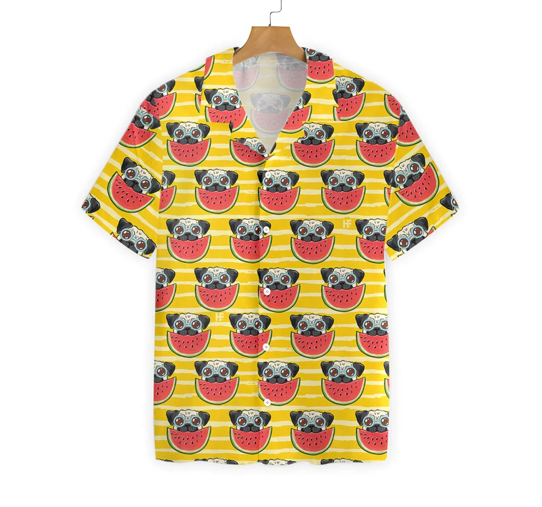 Pug Watermelon Yellow Background Hawaiian Shirt, Button Up Aloha Shirt For Men, Women