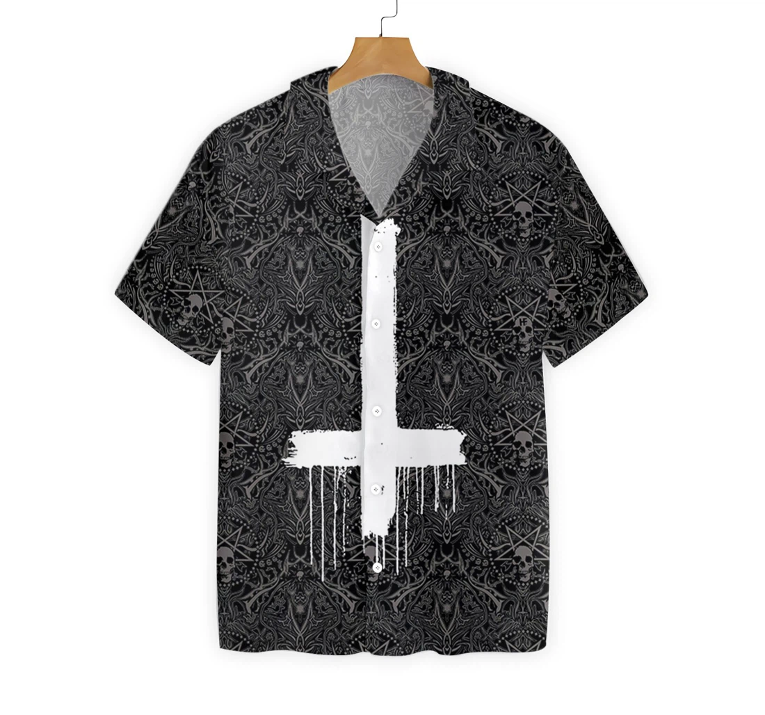 Seamless Gothic Skull Pattern Goth Inverted Cross Hawaiian Shirt, Button Up Aloha Shirt For Men, Women