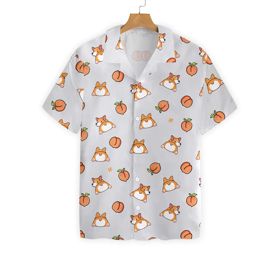 Corgi Butt And Peaches Seamless Hawaiian Shirt, Button Up Aloha Shirt For Men, Women