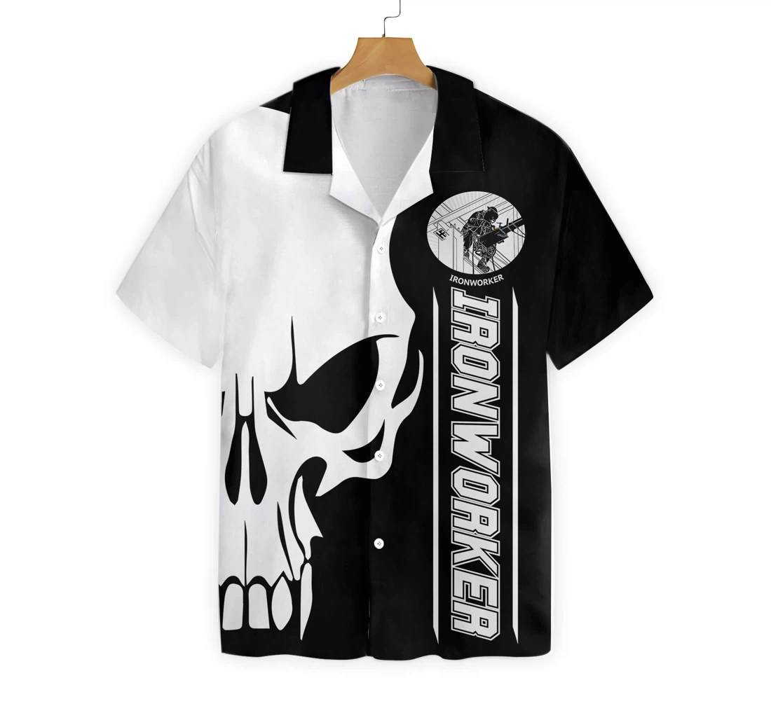 Ironworker Proud Skull Black White Hawaiian Shirt, Button Up Aloha Shirt For Men, Women